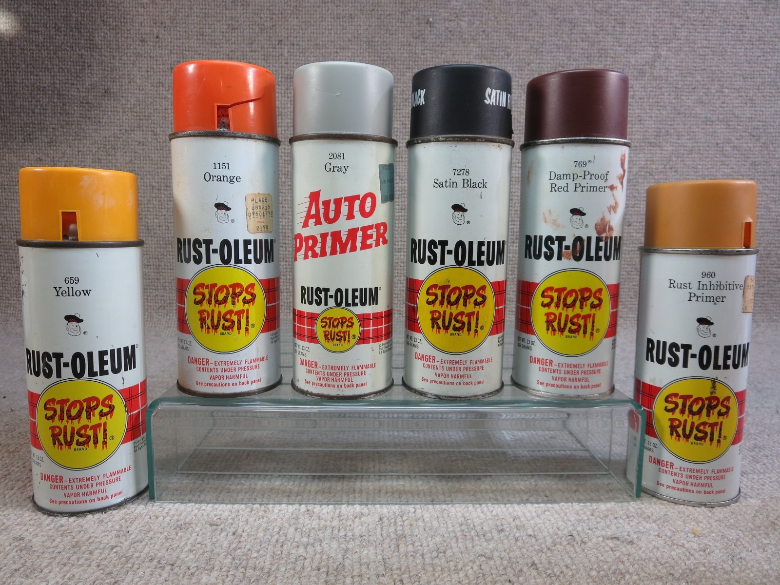 6 Vtg Rustoleum Spray Paint Can Lot Small Face Scotty 1973-76 Orange Yellow
