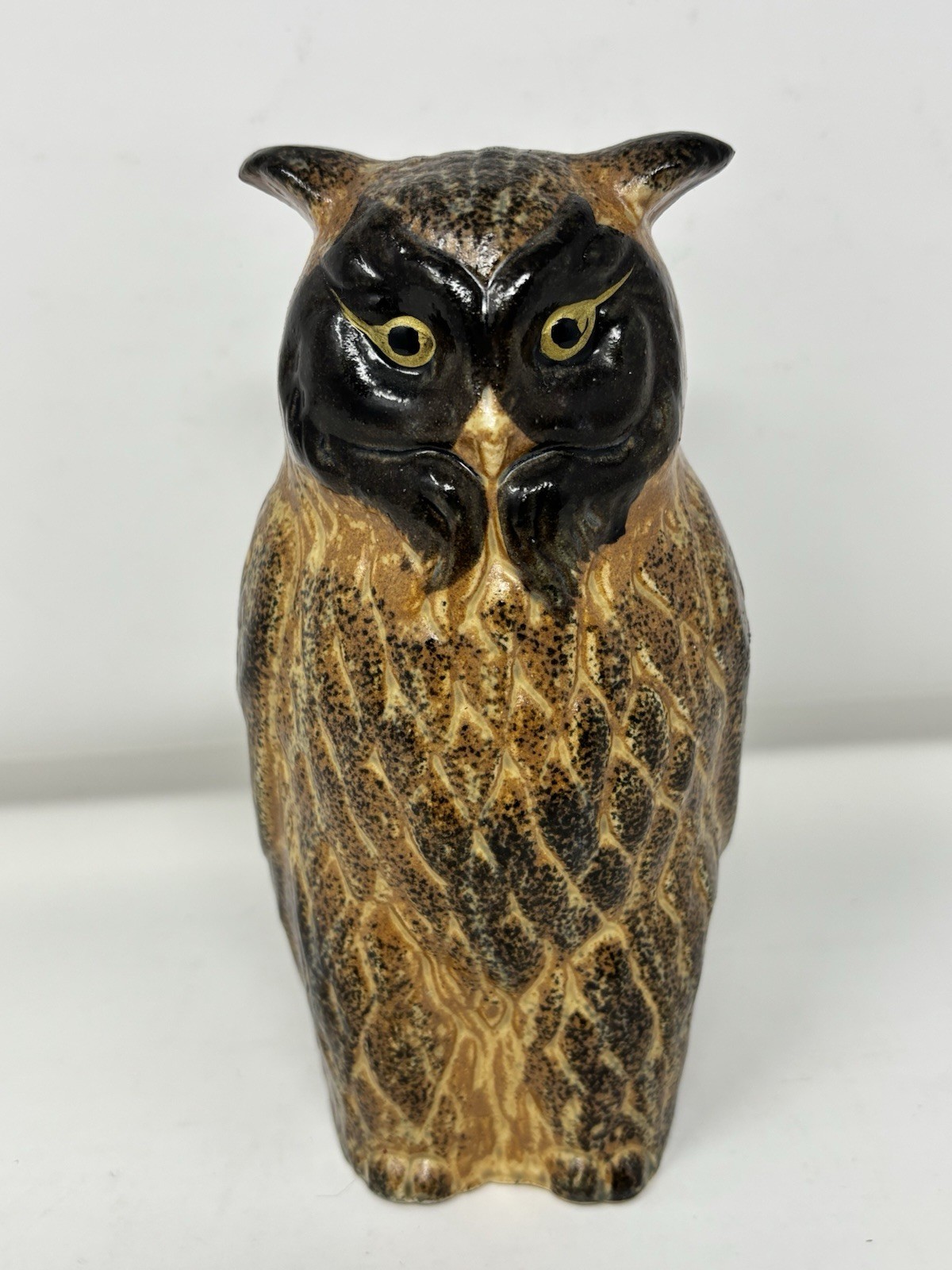 Vintage Mid Century MCM Horned Owl Figurine Ceramic Pottery Japan 6” Tall Brown