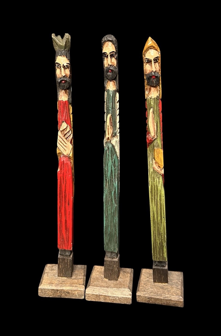 3pc VTG Folk Art JESUS CHRIST Three Wise Men Hand Carved Wood Stick Man 15”LATAM