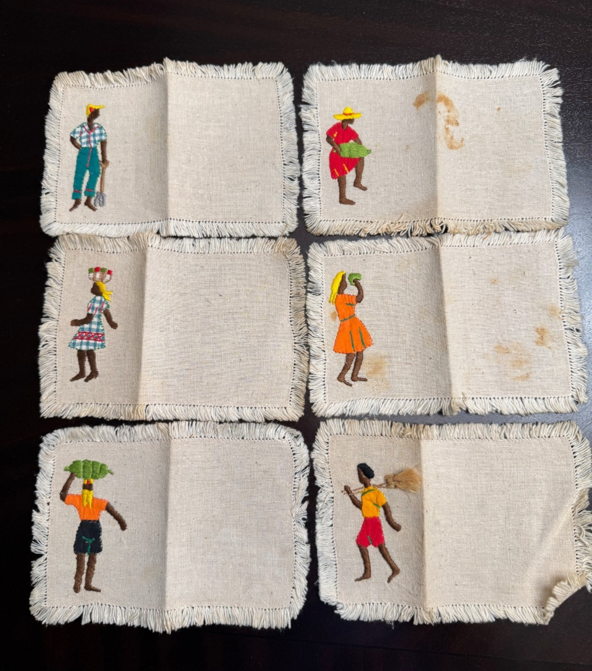 Vintage Jamaican Hand Embroidered Napkins, Set of 6, Fringed Edges