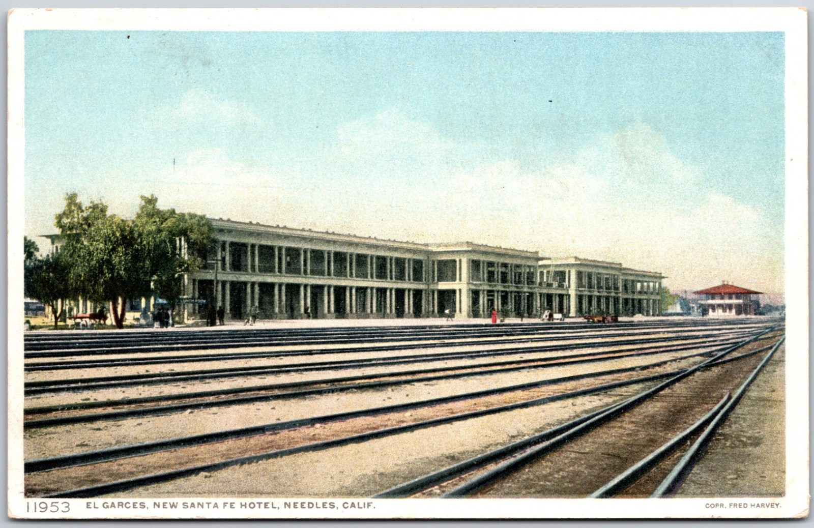 1908 El Garces New Santa Fe Hotel Depot Needles California Train Tracks Postcard