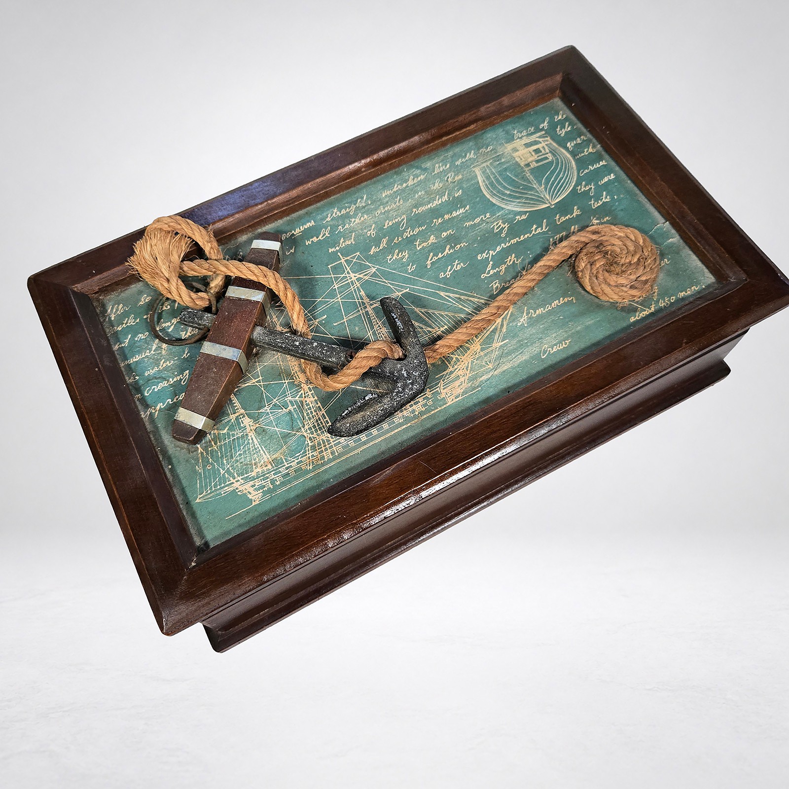 Vintage Nautical Anchor Wood Jewelry Box  Ship Print Marine Style