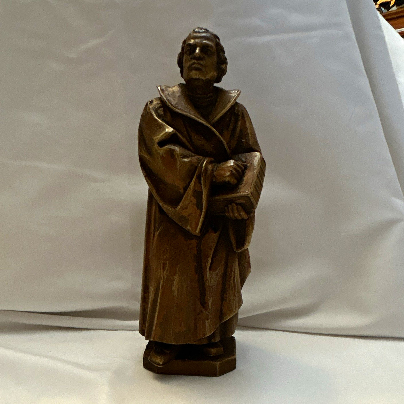 Wood Religious Martin Luther Figurine, Brown Carved Robed Man Statue 8” Vintage