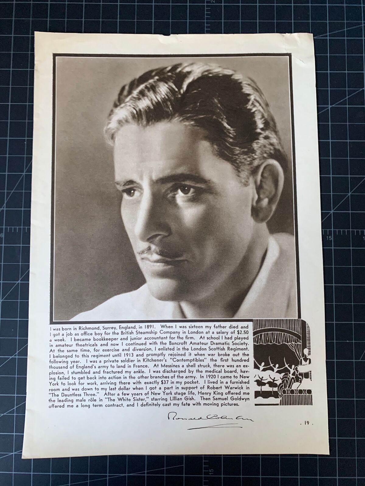 Vintage 1931 Ronald Coleman Magazine Portrait & Bio