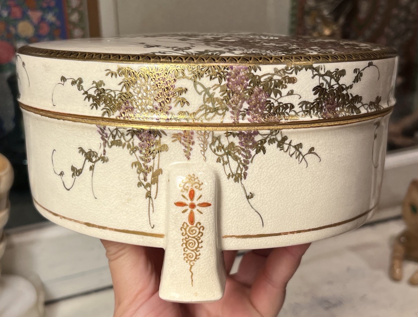 Lg Antique Meiji Japanese Satsuma Porcelain Lidded Box w/ Gold & Purple Wisteria