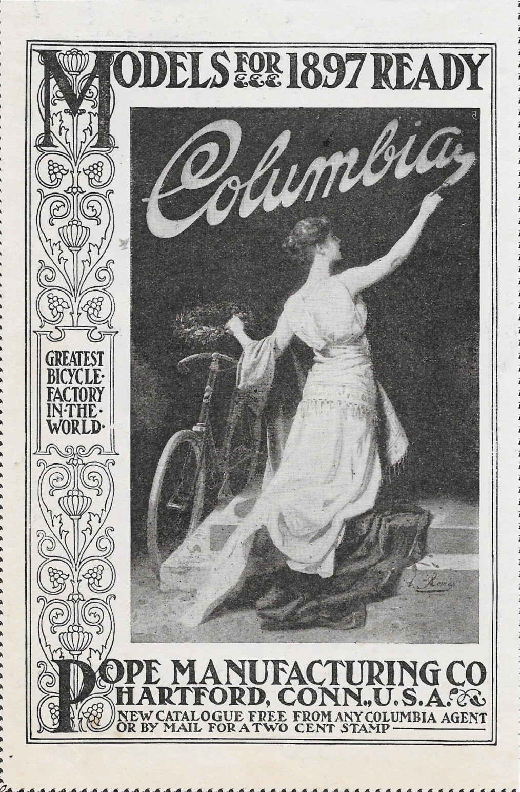 1897 Columbia Bicycle Pope Mfg Hartford CT Art Nouveau Woman Paints VTG Print Ad