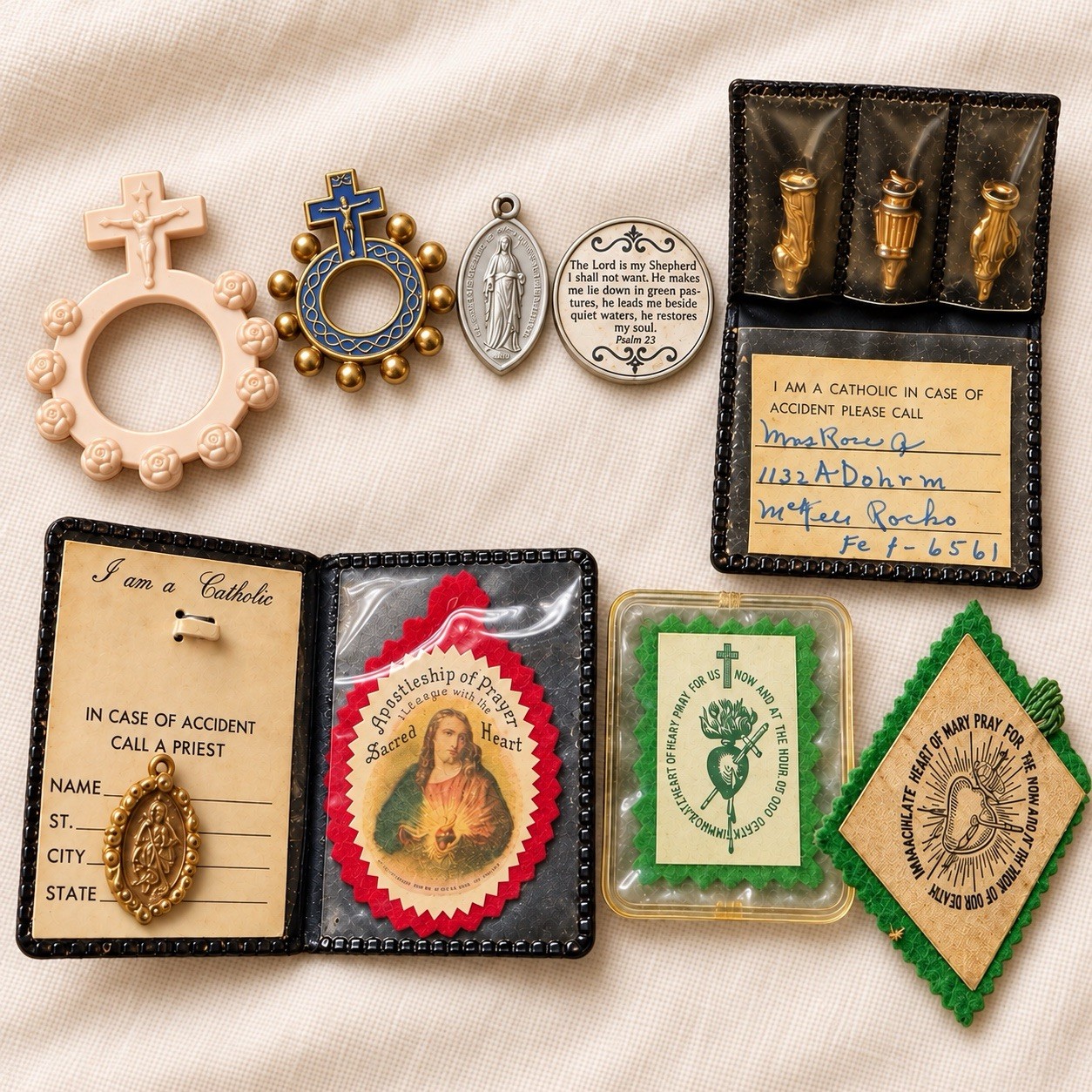 Vintage Catholic Devotional Lot Medals Scapulars Finger Rosaries 1940s–60s