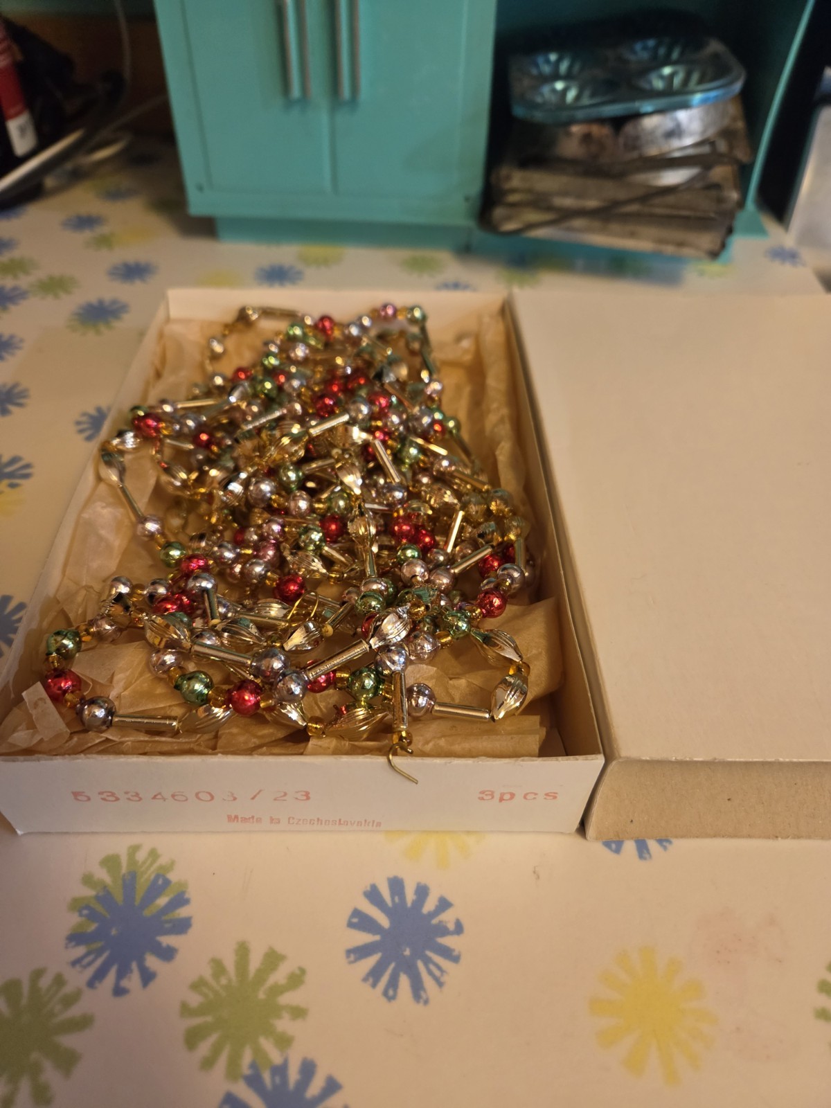 Vintage 1950's Czech Glass Bugle Bead Christmas Garland Lot 5 Strands W Box MCM