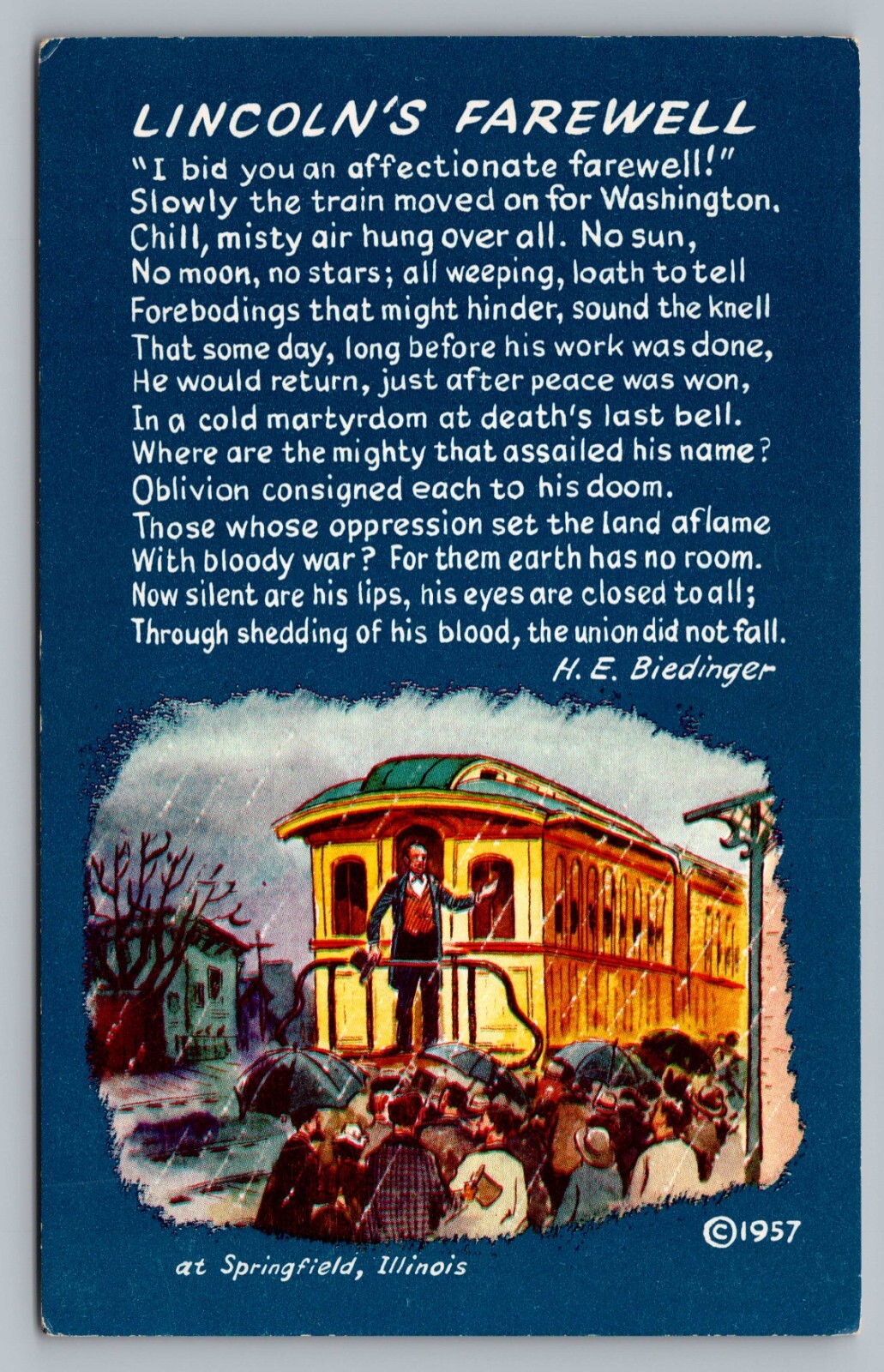 Lincoln\'s Farewell Springfield Illinois Train H E Biedinger Poem Postcard Vtg F9