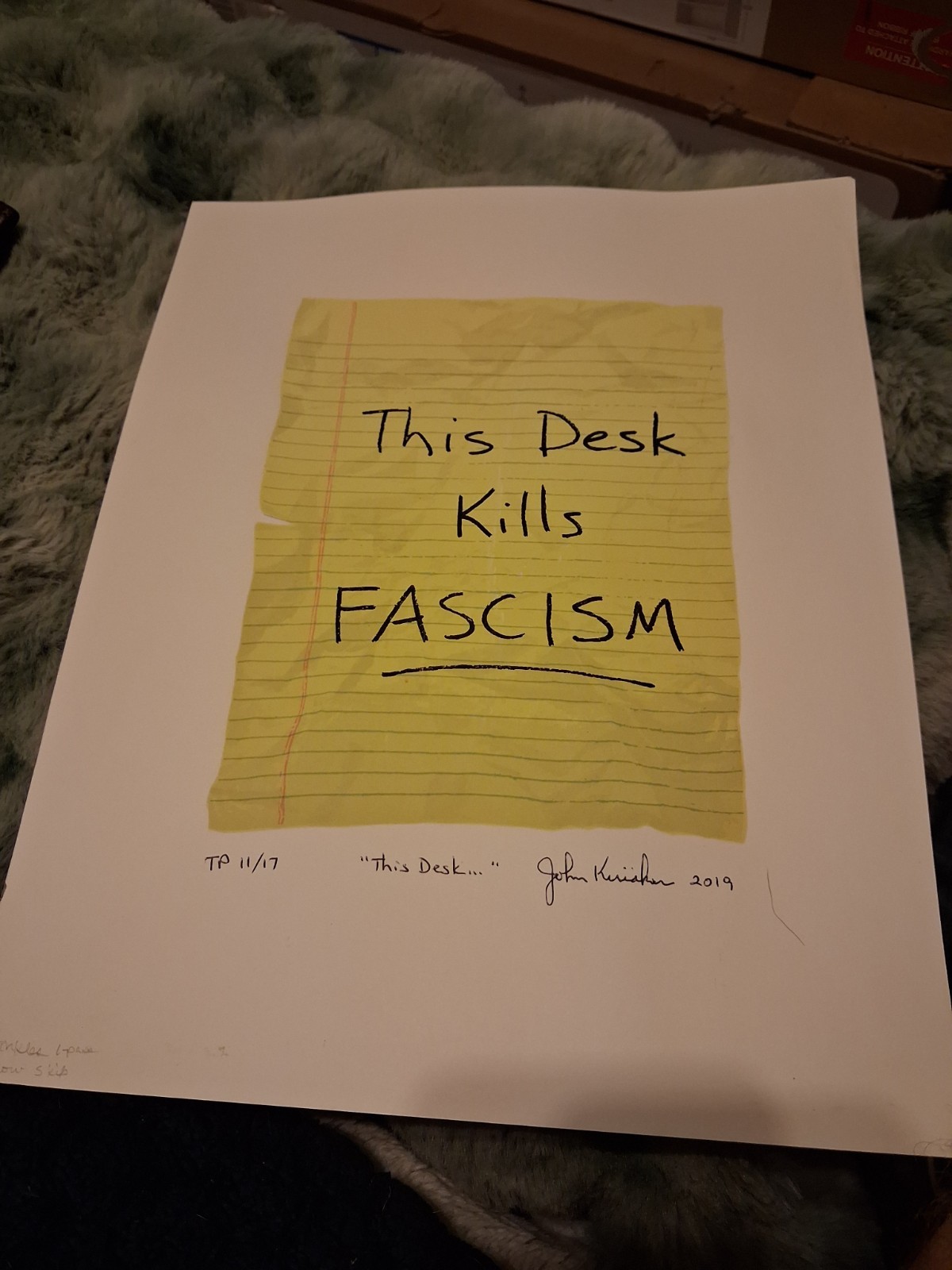 John Kiriakou RARE autographed 11x14 Card titled THIS DESK KILLS FASCISM