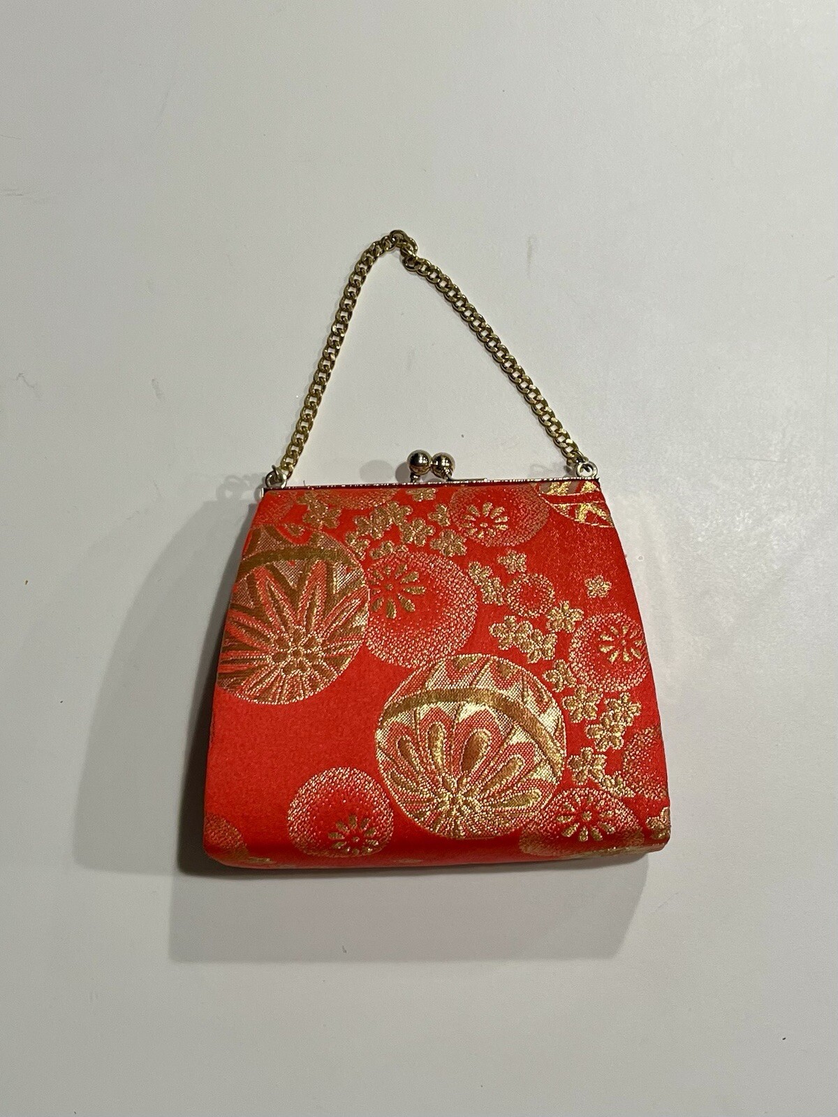 VTG Japanese Evening Kimono Chain Strap Wallet Red Silk Floral Heirloom