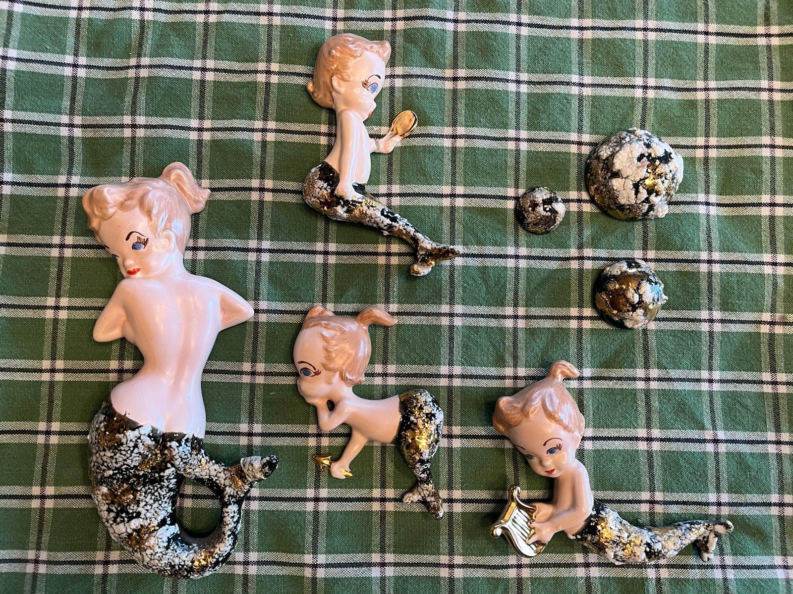 Set of 6 vintage MCM ceramic mermaid & bubble plaques hand painted metallic 