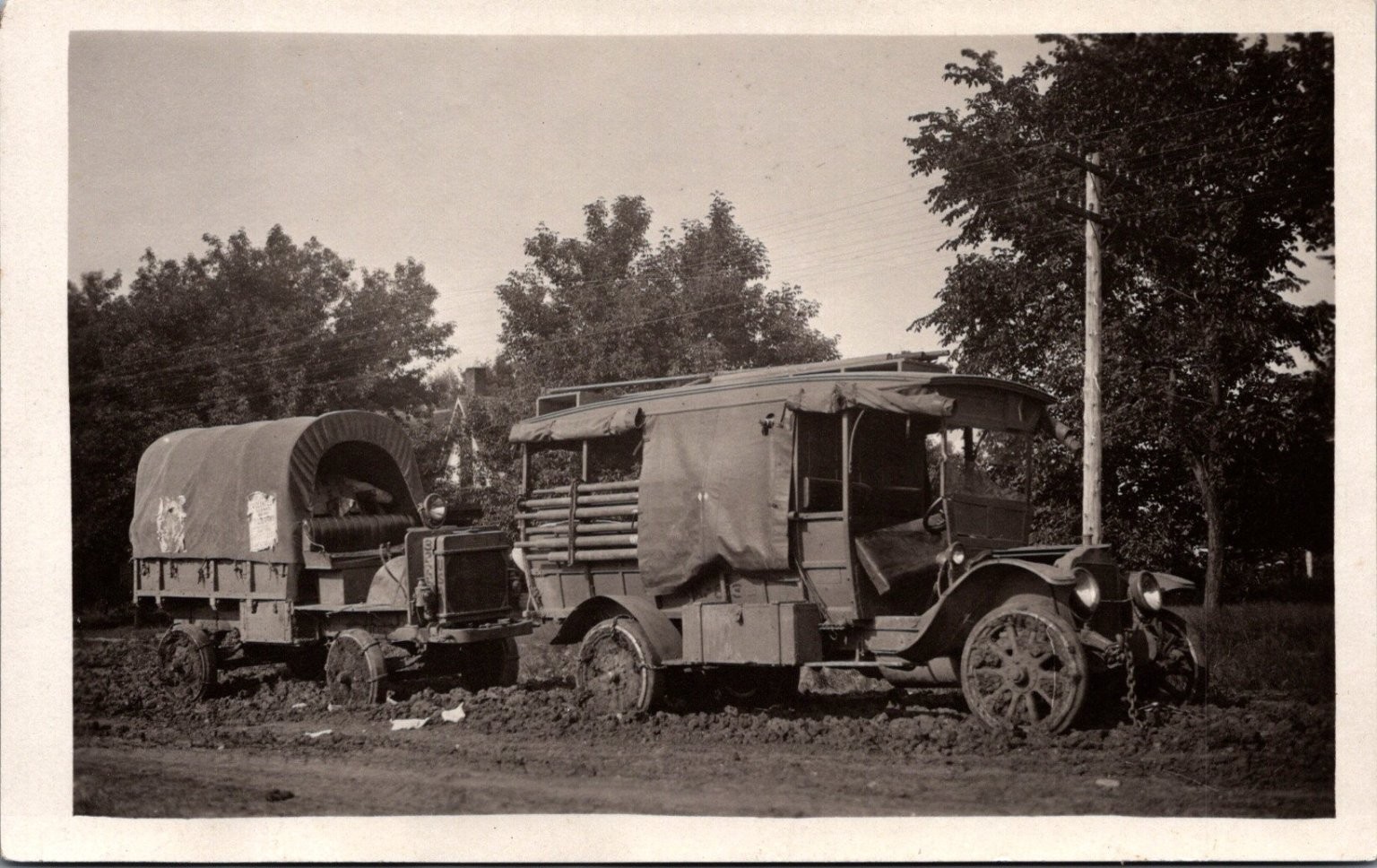 Vintage Real Photo Postcard Army Military Truck & Trailer Muddy Road RPPC Vintage Real Photo Postcard Army Military Truck & Trailer Muddy Road RPPC