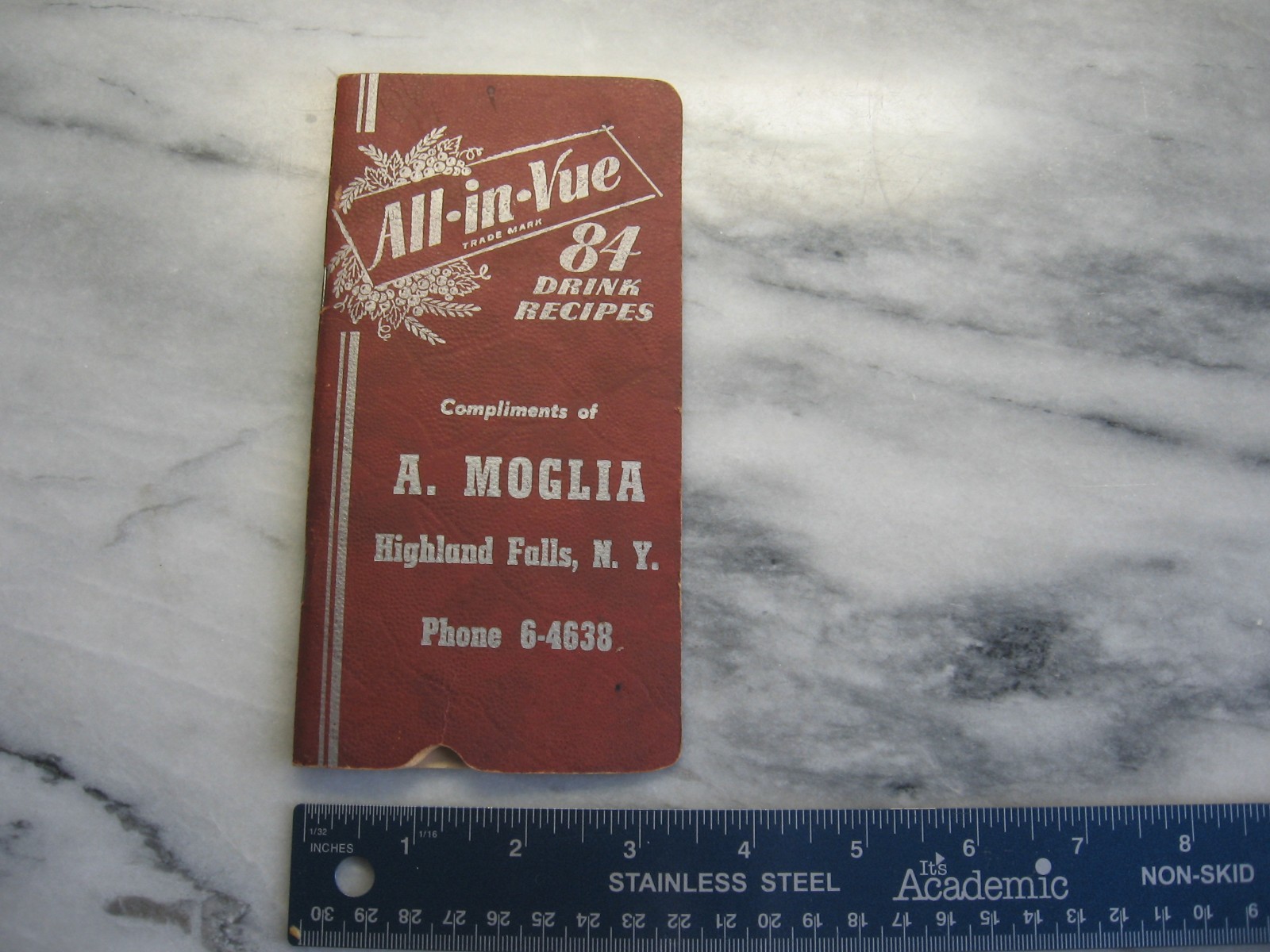 Vintage 1940s All-in-Vue 84 Drink Recipes A. Moglia Highland Falls NY Cocktail.
