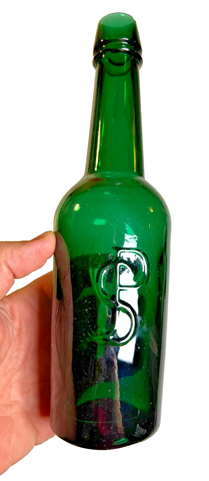 Antique JSP Medicinal Malt Bottle Emerald Green Applied Double Lip New York