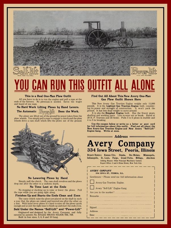 1912 Avery Gas Traction Engine Tractor 1 Man Plow Outfit NEW Metal Sign: 12x16\