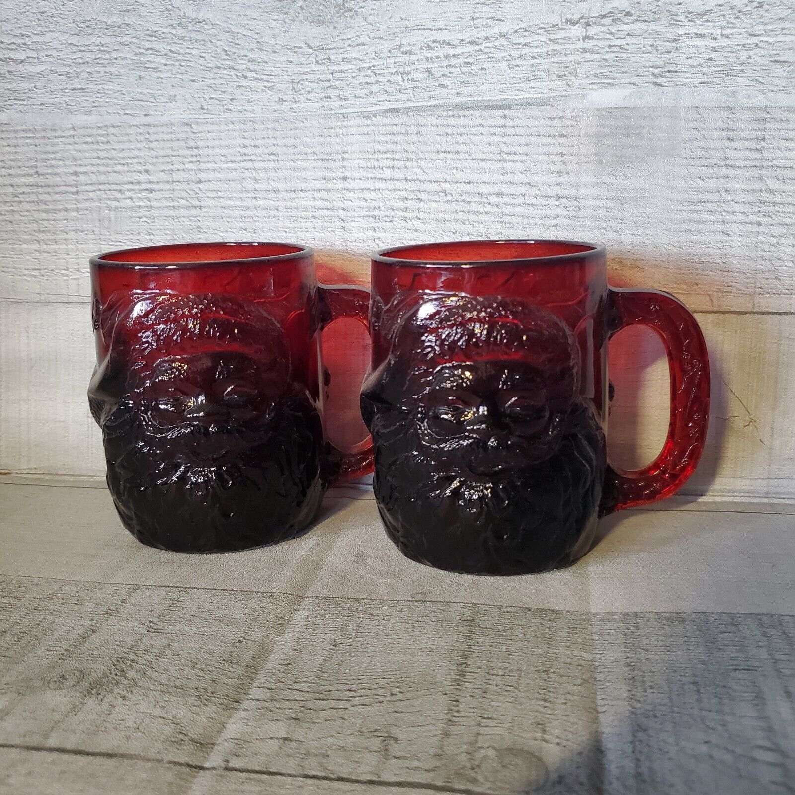 Vintage Arcoroc France Ruby Red Santa Claus Christmas Glass Mug Set Of 2