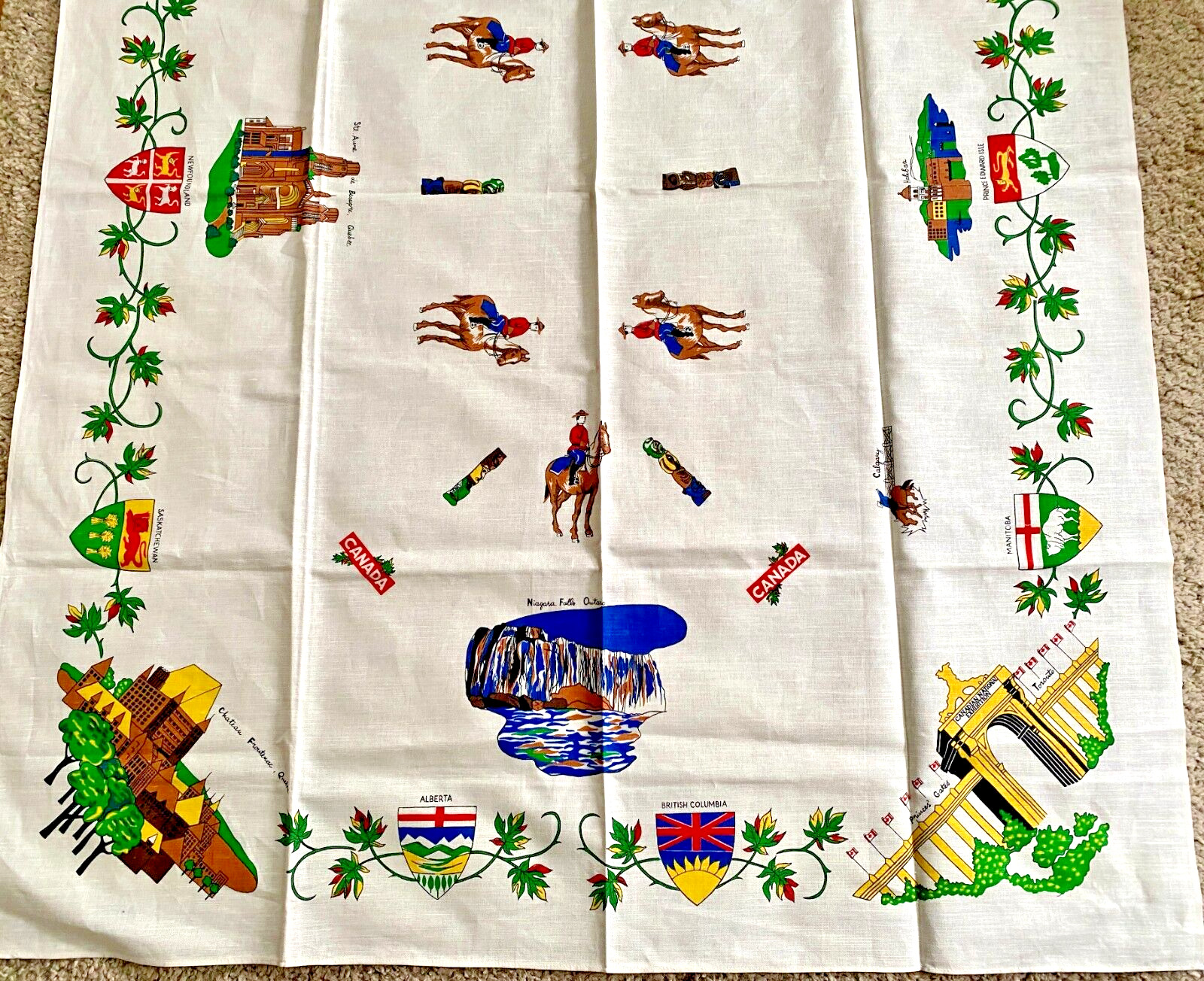Vintage Canada Souvenir Linen Tablecloth w/ Canadian Provinces Attractions Print
