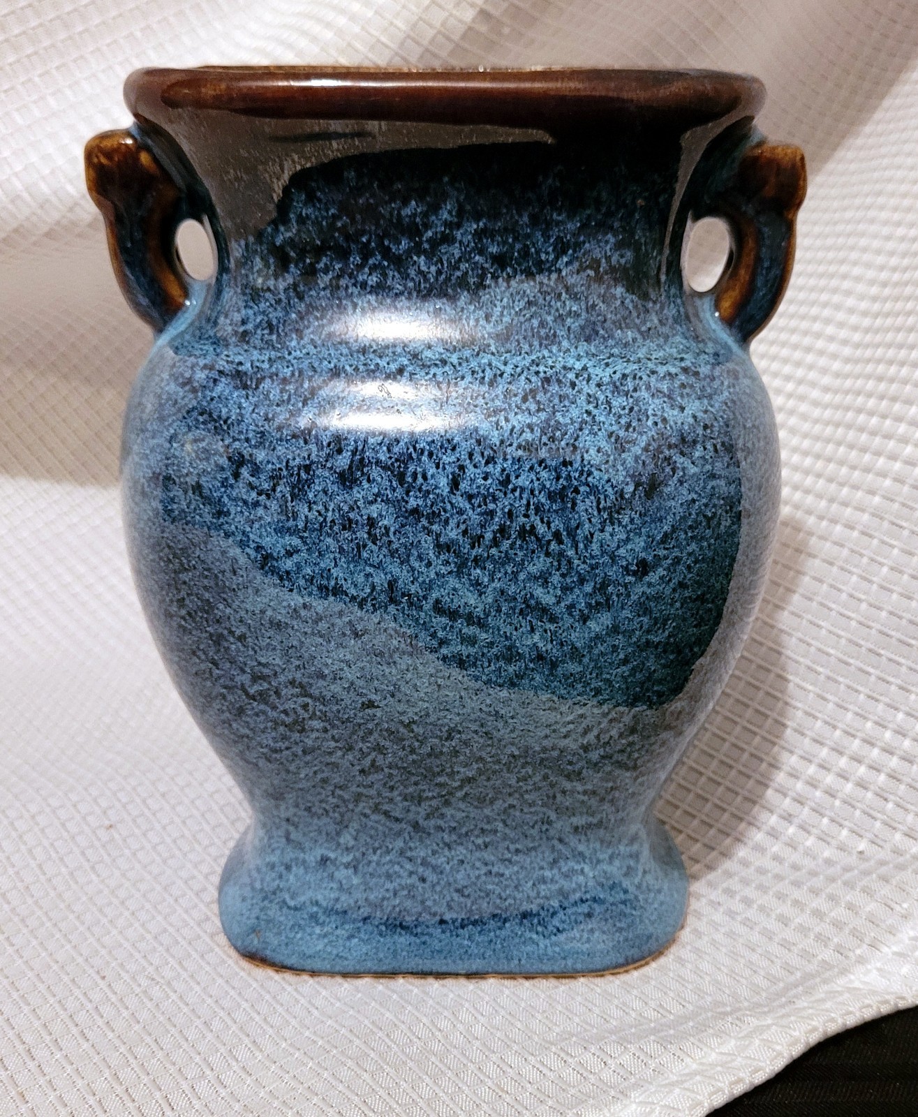 Vintage Studio Art Vase Mottled Drip Glaze Blue & Brown Amphora Style 6.75\