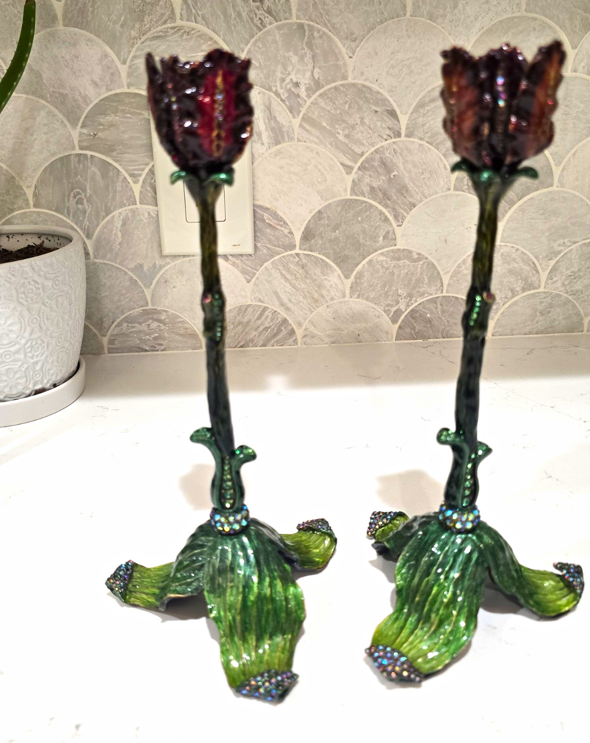 Jay Strongwater Floral Taper Candle Holders Pair 2 Metal Swarovski Crystals