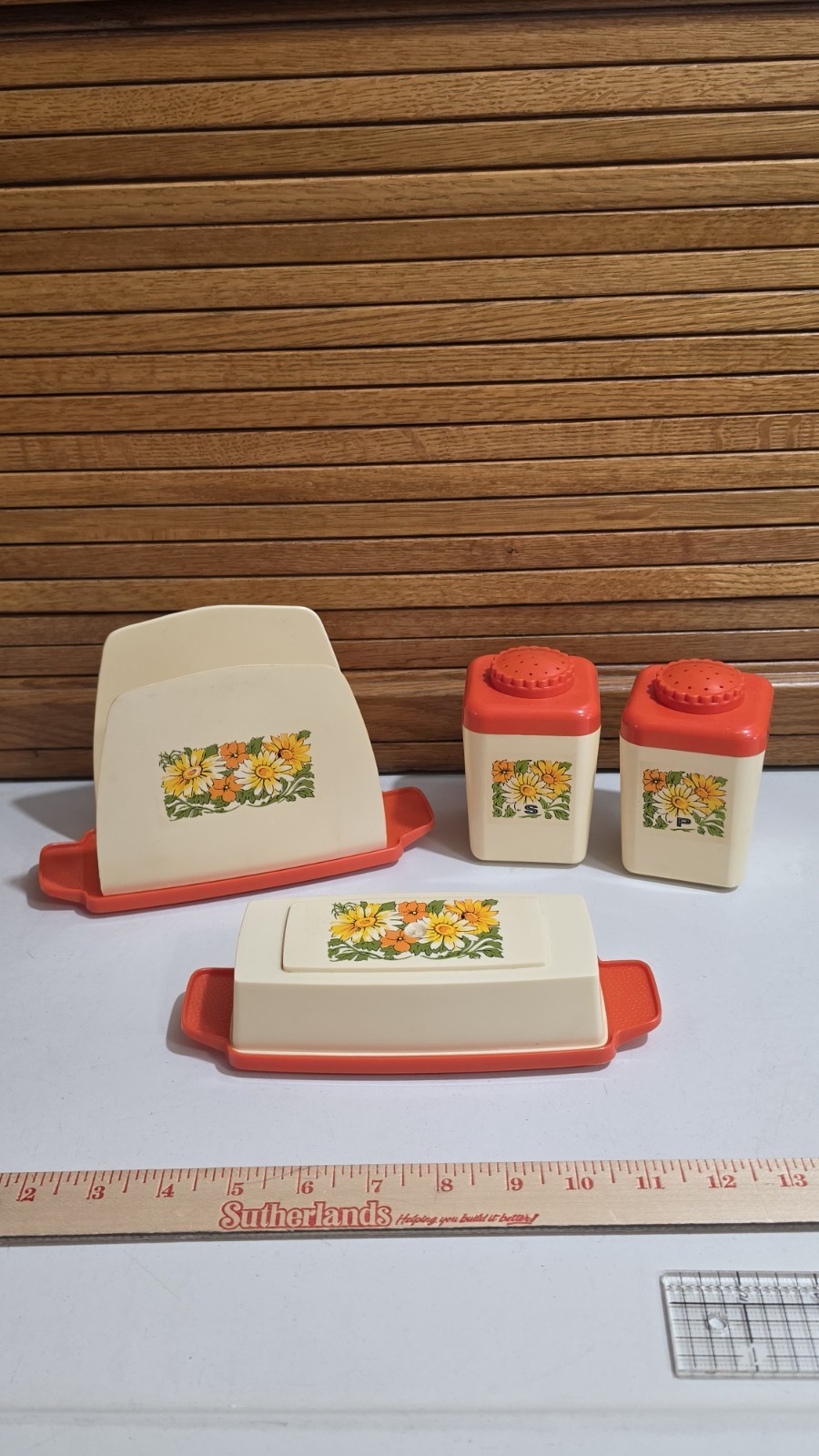 Vintage Plastic Table Set Floral Pattern Napkin Holder Salt Pepper Butter 1970s