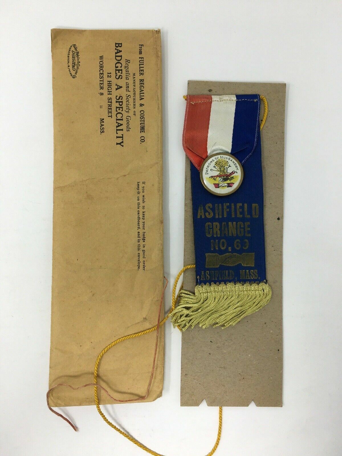 Vintage Ashfield Grange No. 69 Patrons of Husbandry Ribbon Medal Fuller Regalia
