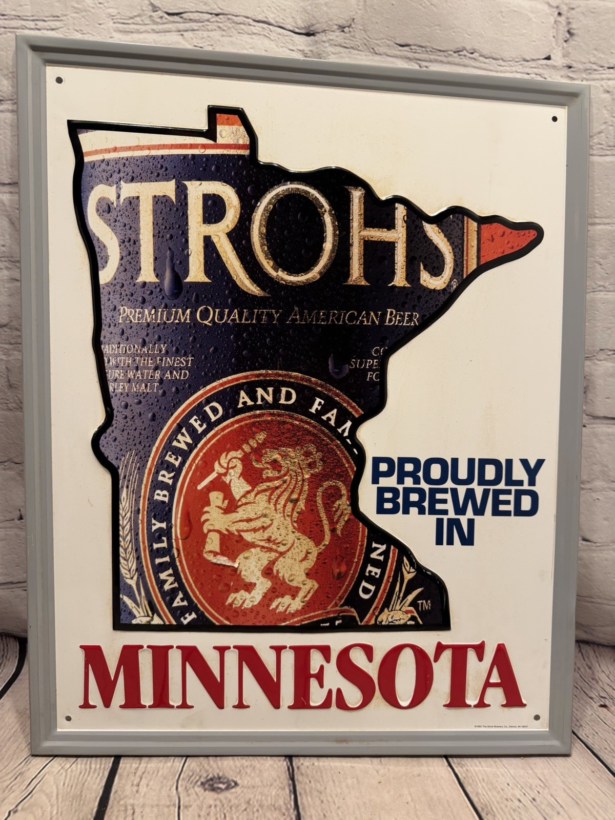 Vintage Stroh's Beer Minnesota Sign Tin Metal Embossed Proudly Brewed