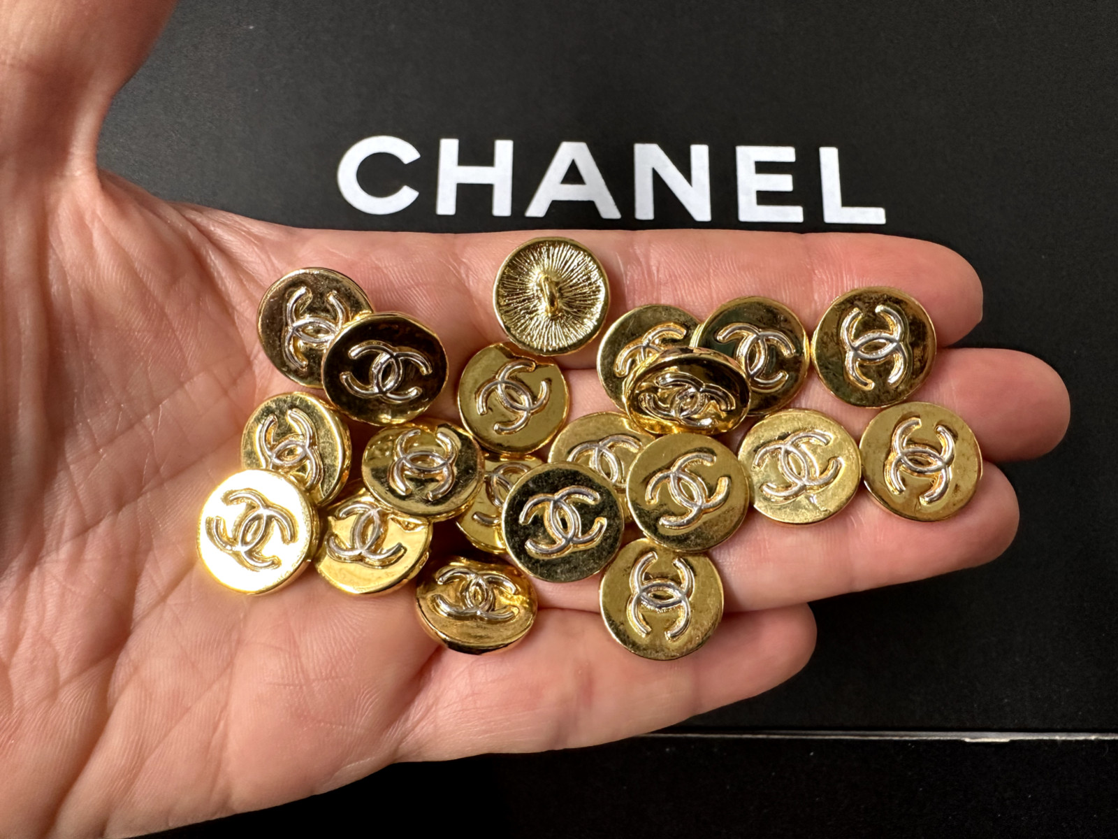Vintage CHANEL Gold color Metal Button CC Logo in Silver High Relief LOT OF 12