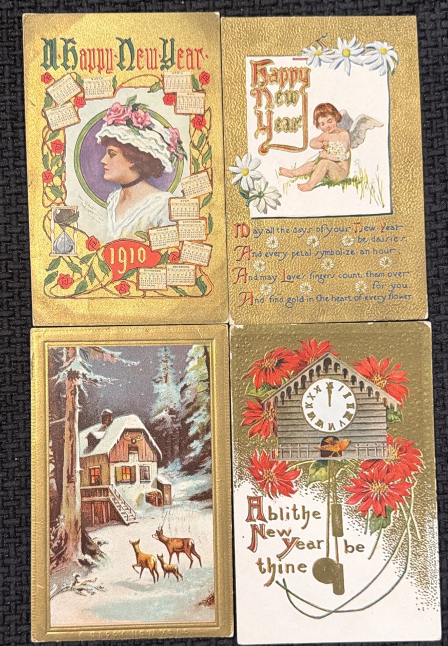 4 Antique Gold New Year Postcards Snow Clock Calendar Poinsettia Lady Cherub