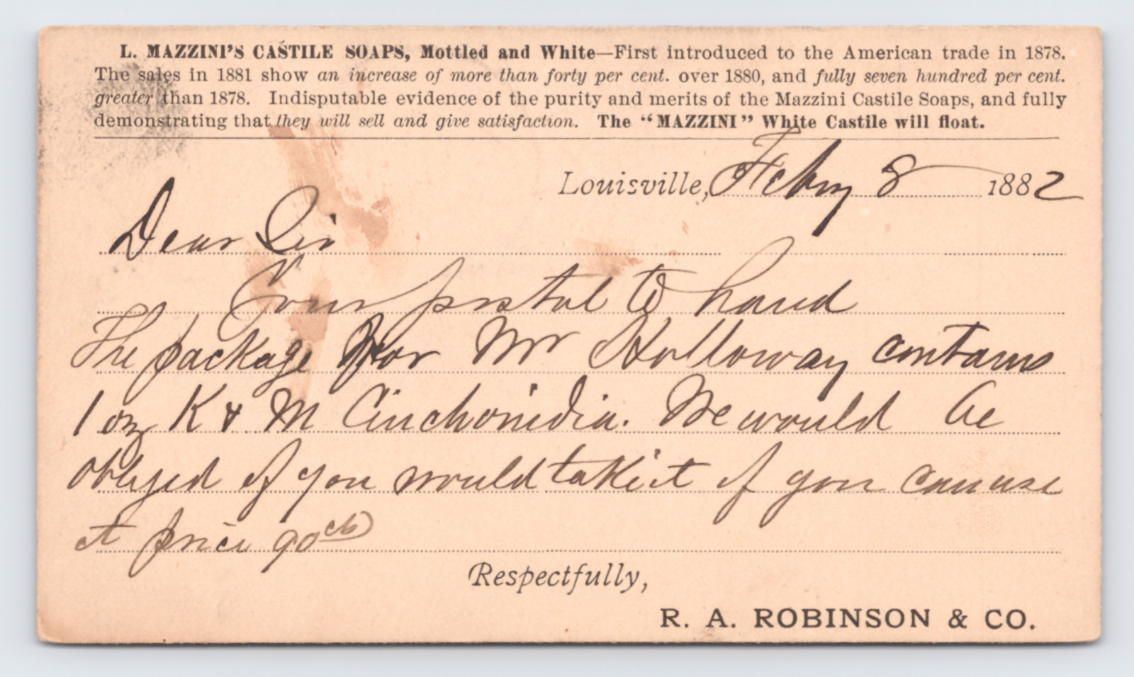 1882 R. A. Robinson & Co Postal Card Louisville KY Mazzini Soap Advertising Card