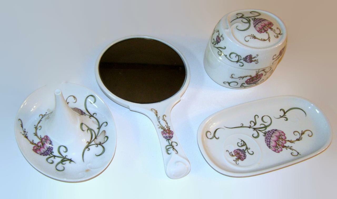 Hutschenreuter Art Nouveau HP Floral Dresser Set Puff Box Mirror Ring Tray