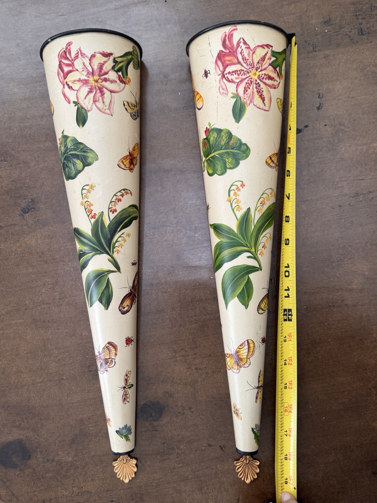 Jeanne Reed’s Ltd Floral Wall Pocket Vases Pair 18” Botanical Butterfly Vintage