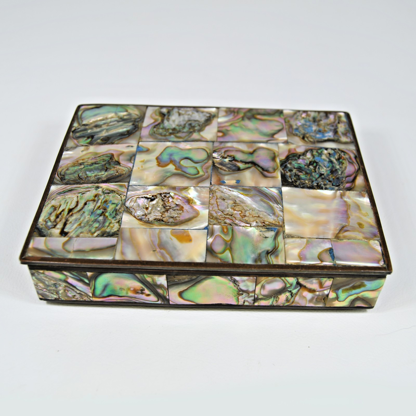 Abalone Shell Inlay Jewelry Trinket Box Wood Lined Brass Hinged VTG Mexico 4.5\