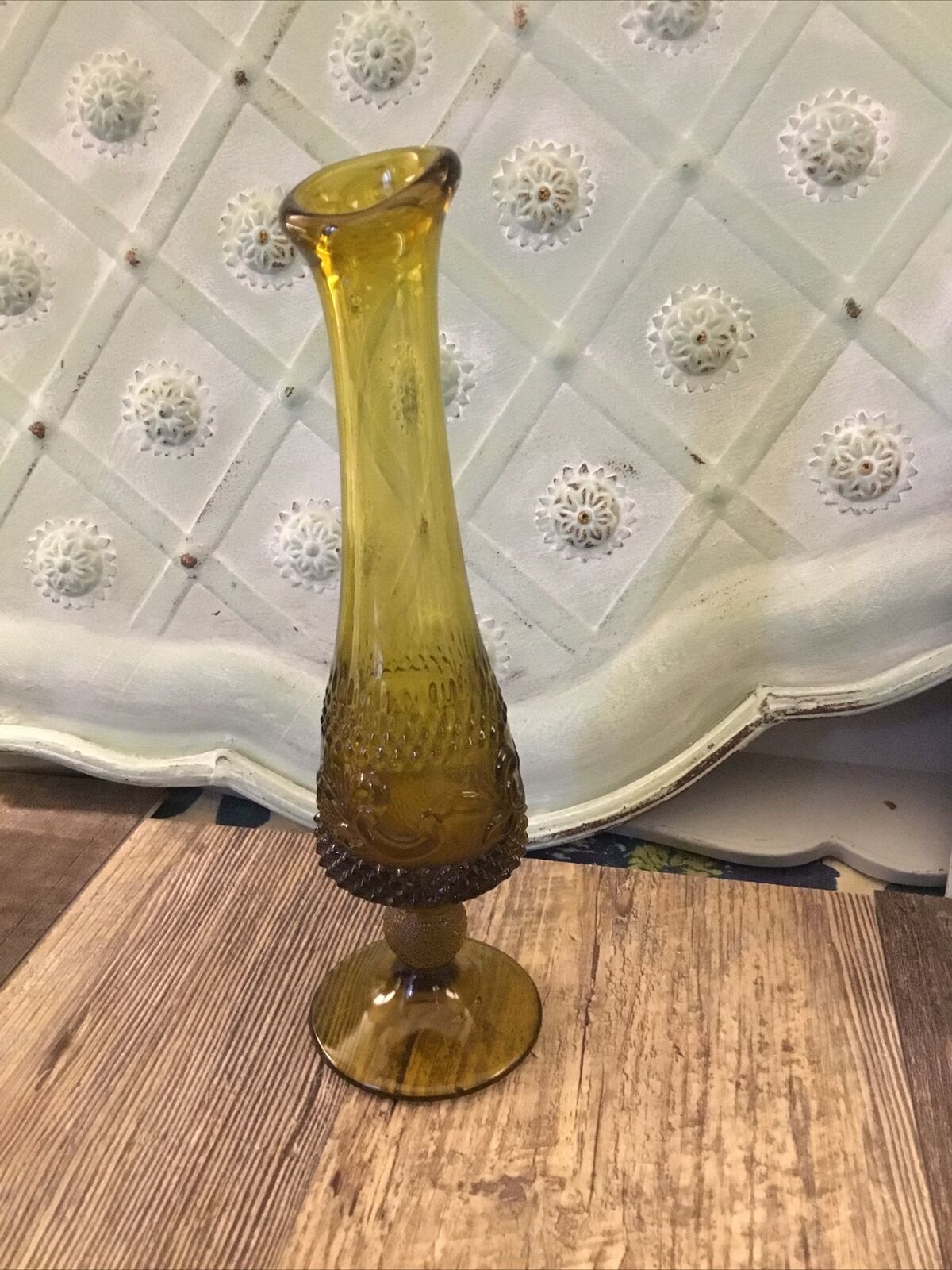 Amber Yellow Glass Vase Hobnail Mid Century Modern 8 3/4” Scroll Pattern
