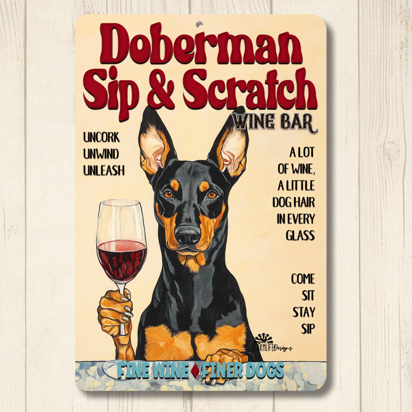 Doberman Wine Bar Sign funny Sip & Scratch metal tin dog wall art decor gift