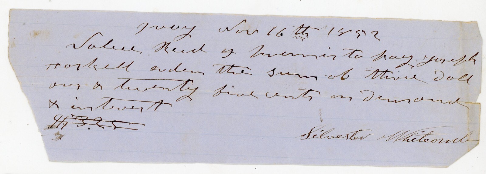 1852 Handwritten Promissory Note Signed Silvester Whitcomb Troy NH Jos Haskell