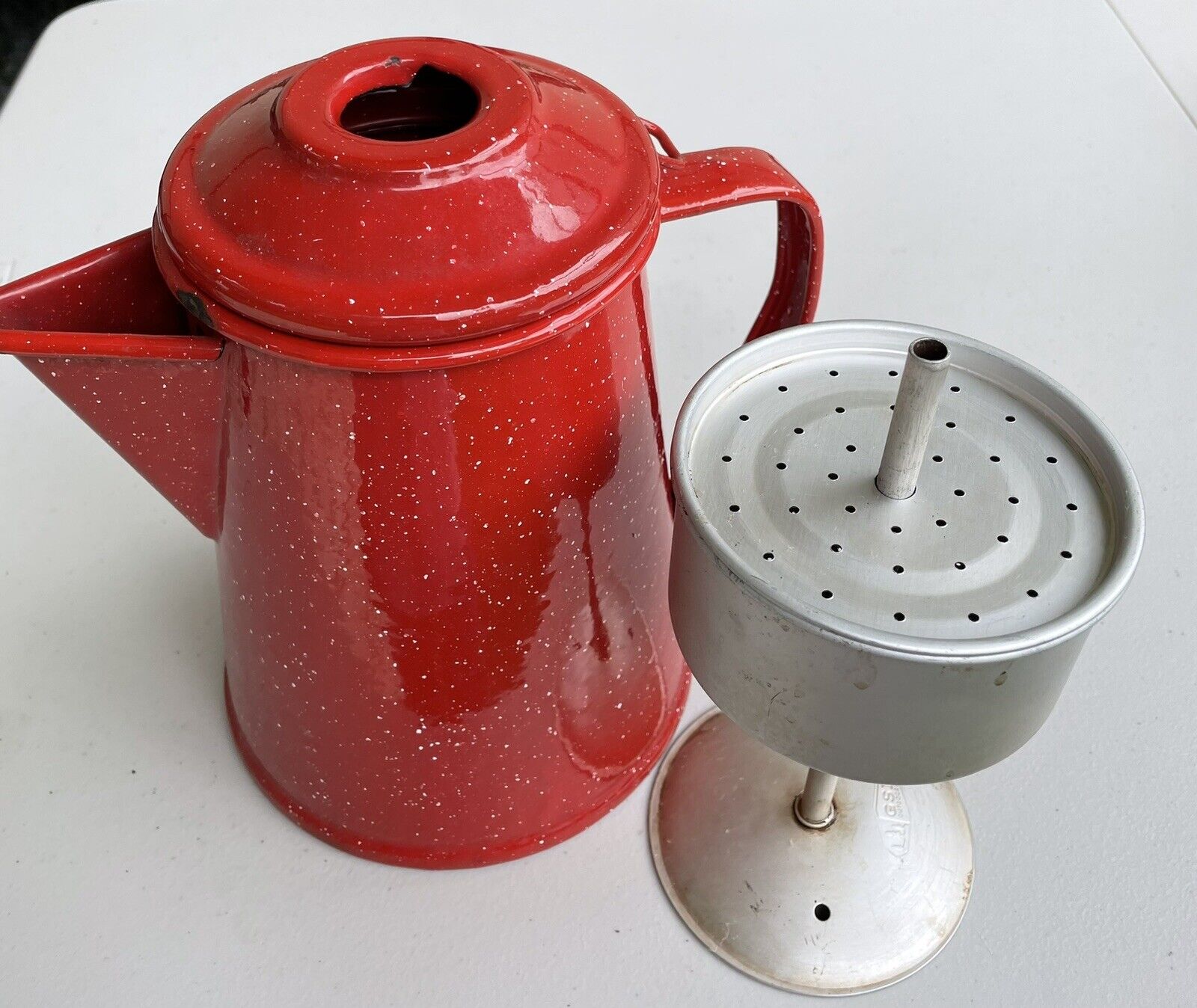 Vintage Enamel Red Speckled Percolator Stove Top/Campfire Coffee Pot #1416