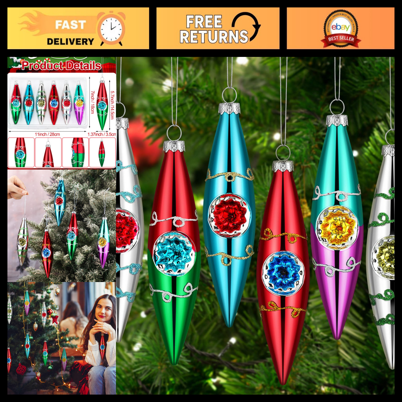6 Pcs Vintage Glass Reflector Christmas Ornaments - Handmade Holiday Decor