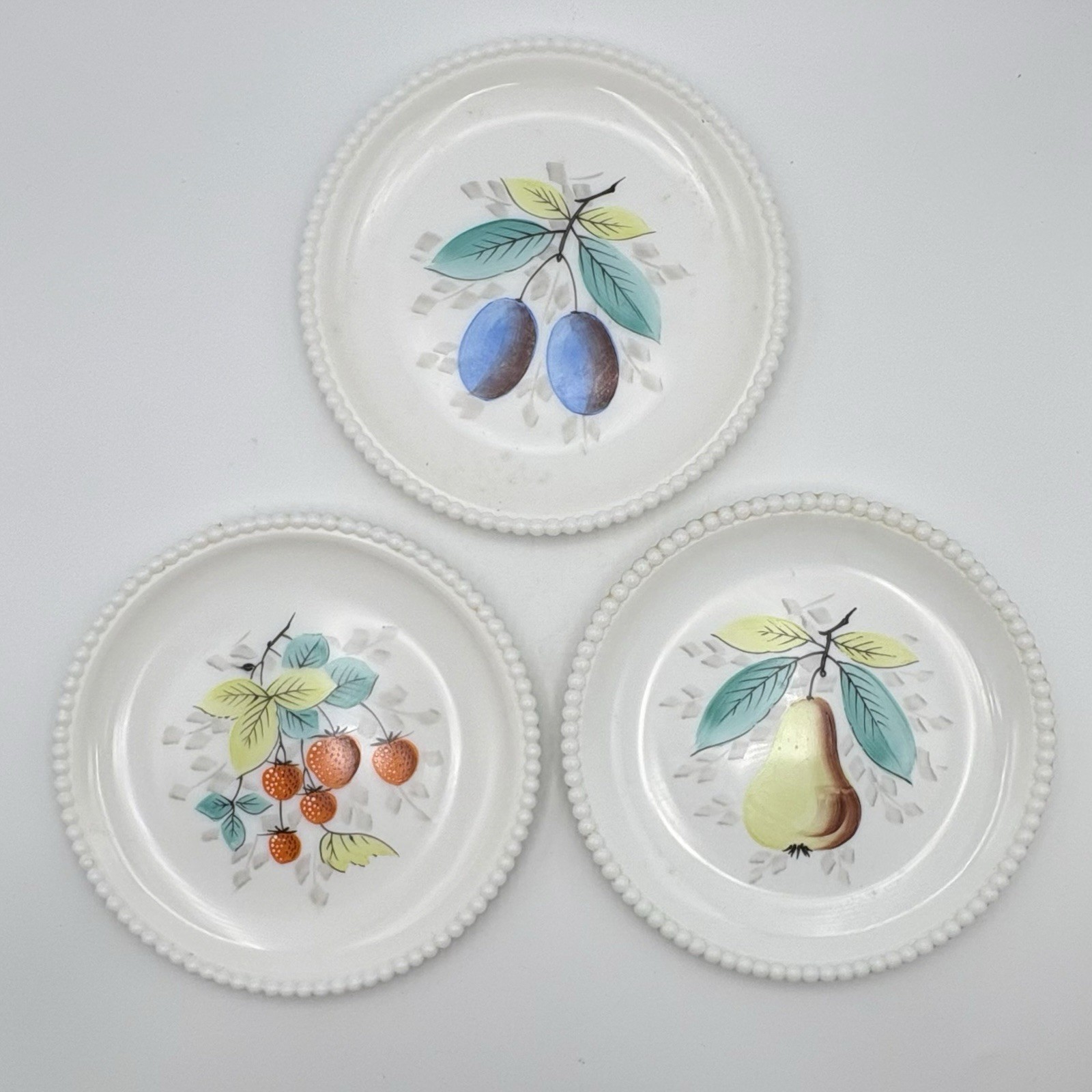 3 Westmoreland Milk Glass Beaded Edge Salad Plates Plums Pear Strawberries 7.25”