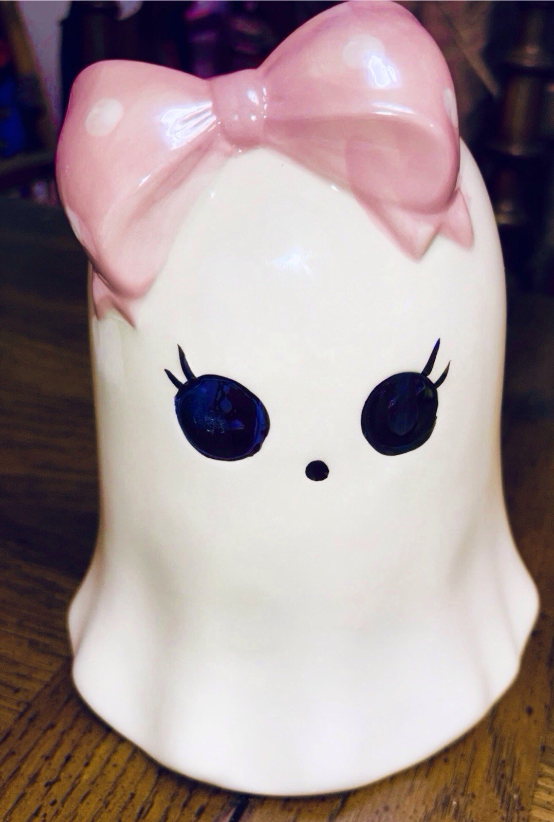Ghost  Ceramic Iridescent Viral Ghost Girl with Pink Polkadot Bow Halloween