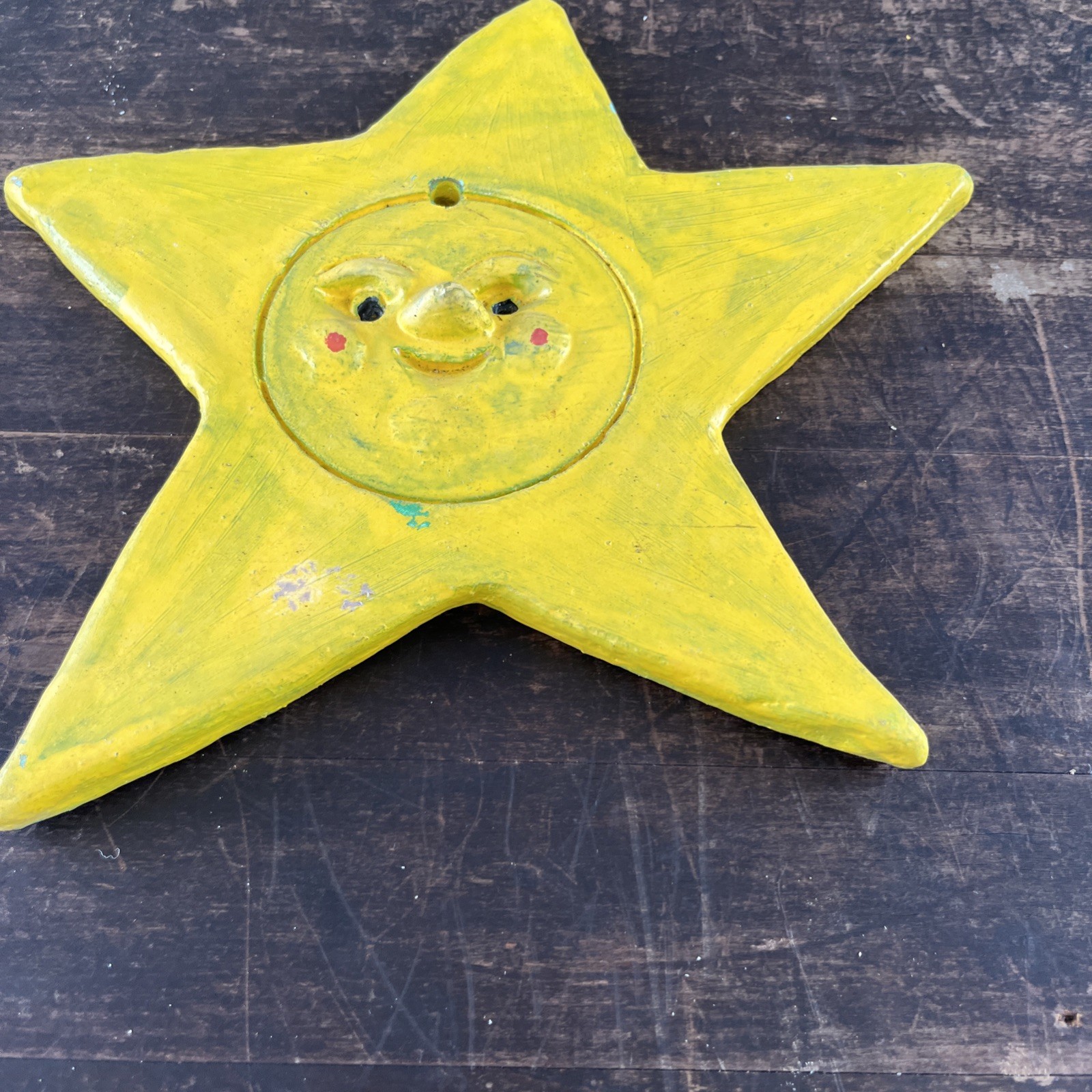 Vintage Panama ceramic STAR  plaque , yellow , hand painted, large, folk Art . 