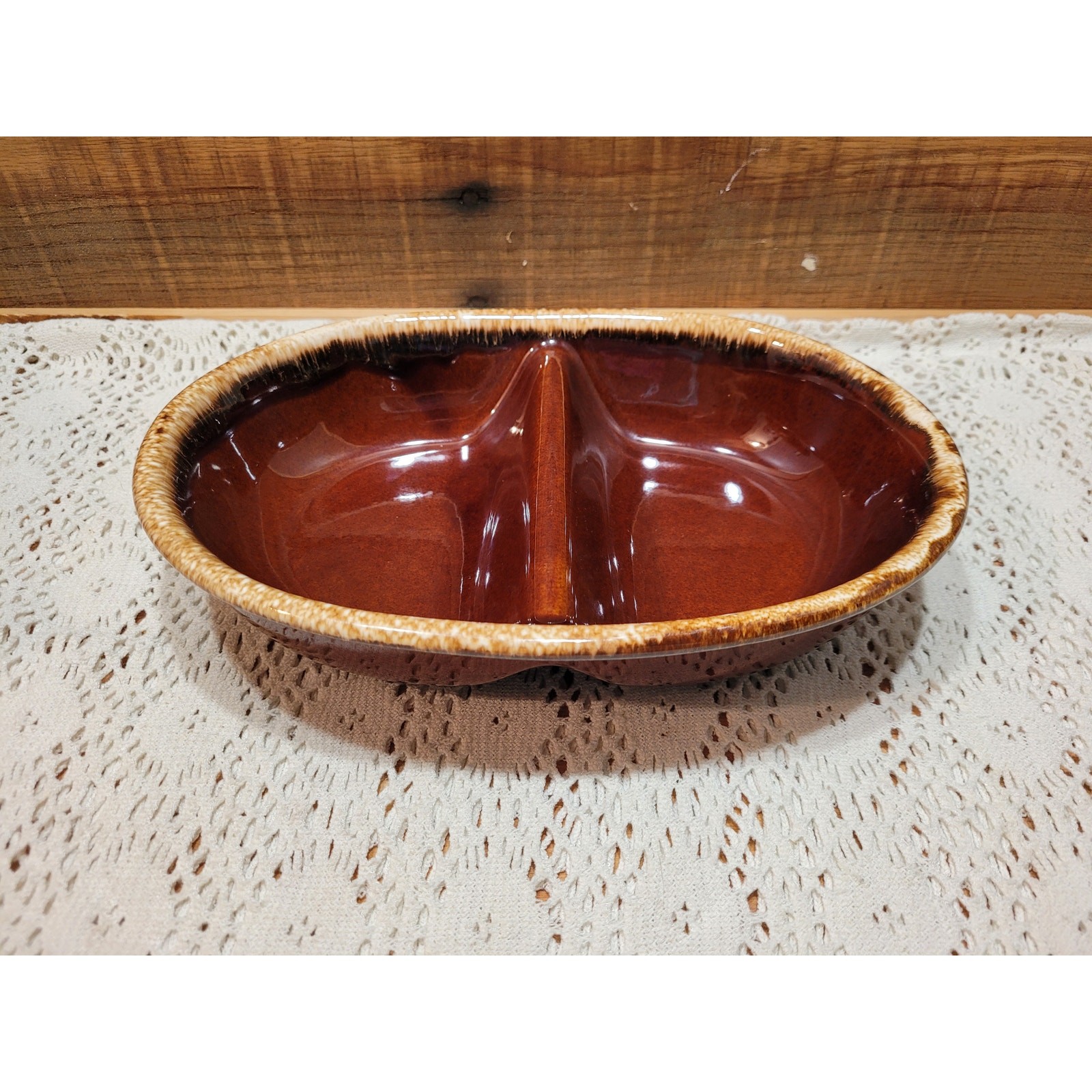 Vintage Hull Pottery Brown Drip Divided Casserole Dish Oval Bowl Oven Proof A