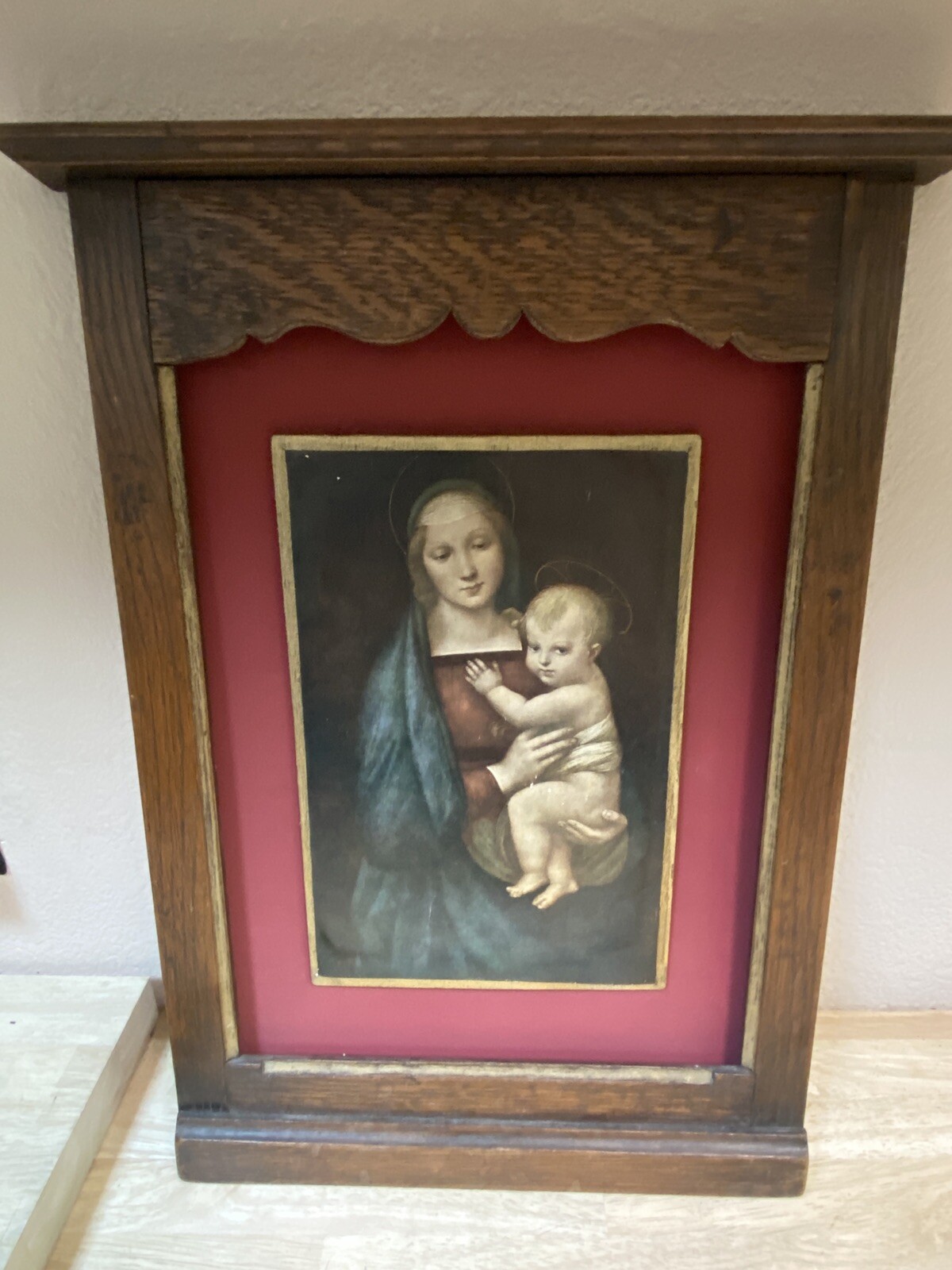 French Antique Virgin and Child Chromo-Lithograph, Late 19th Century, Oak Frame French Antique Virgin and Child Chromo-Lithograph, Late 19th Century, Oak Frame