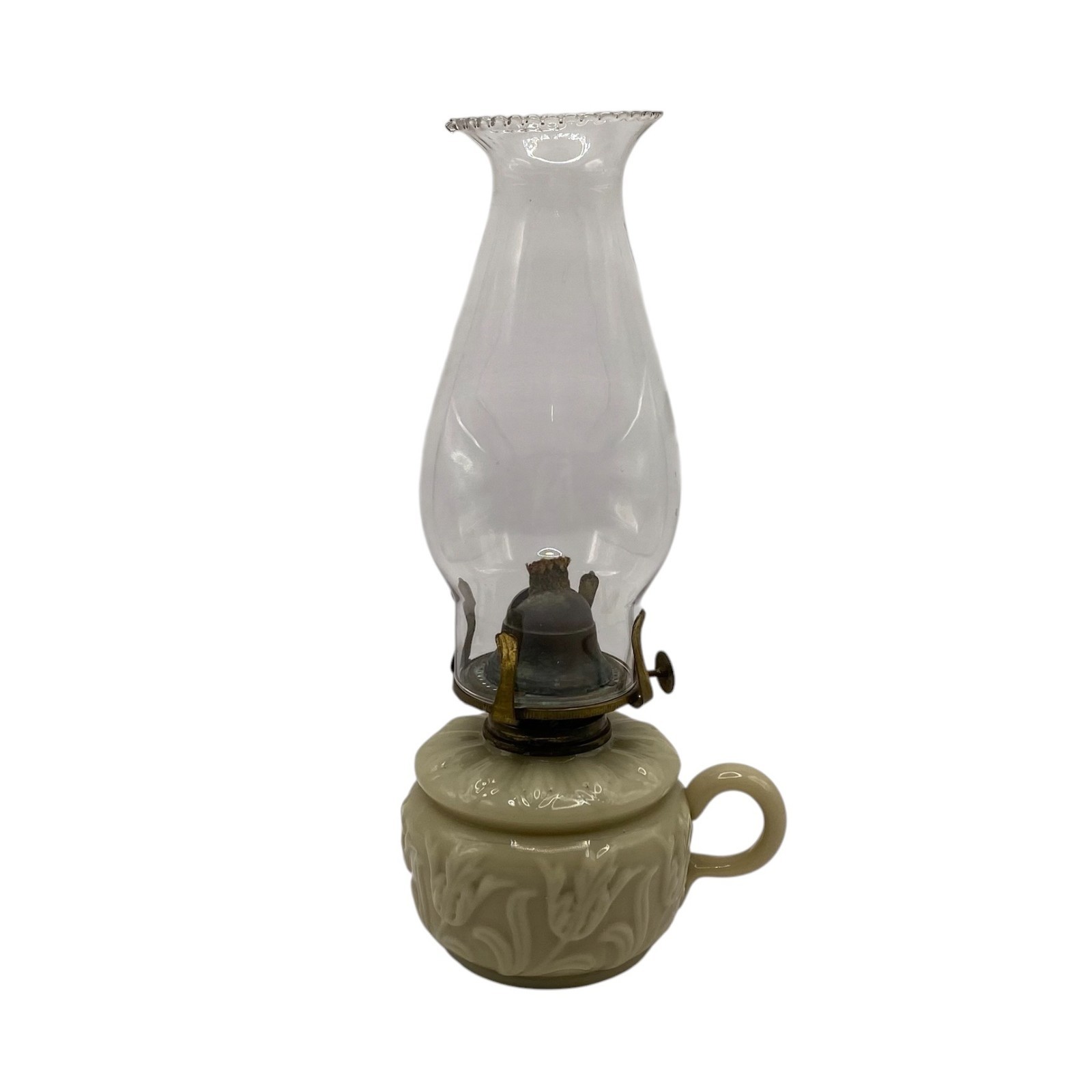 Vintage Custard Green Milk Glass Handled Oil Lamp Floral Design Farmhouse Decor