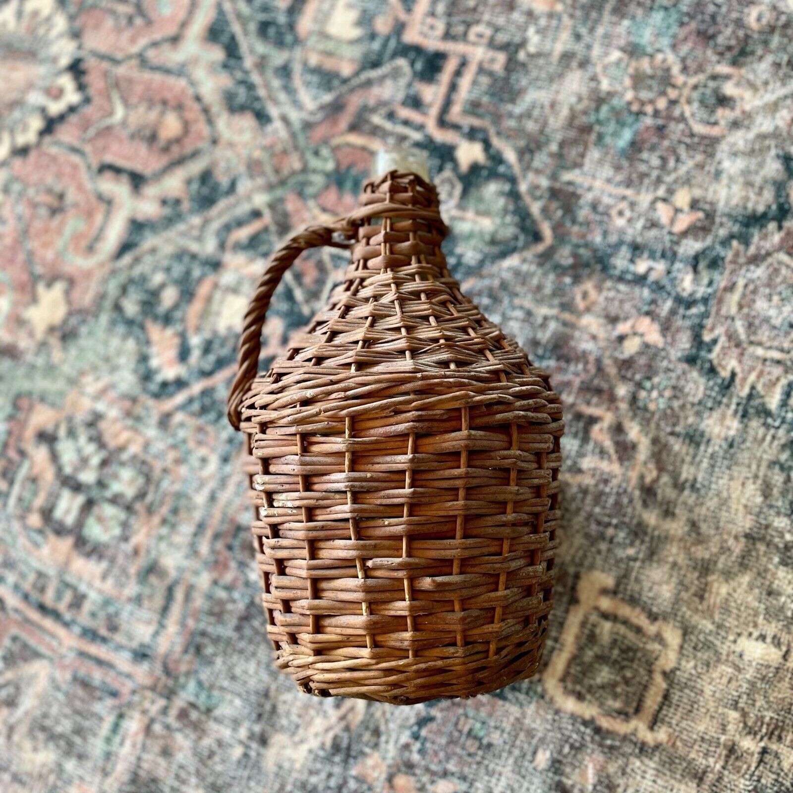 Antique Wicker Wrapped Demi John Demijohn Bottle European Vintage Wine Basket