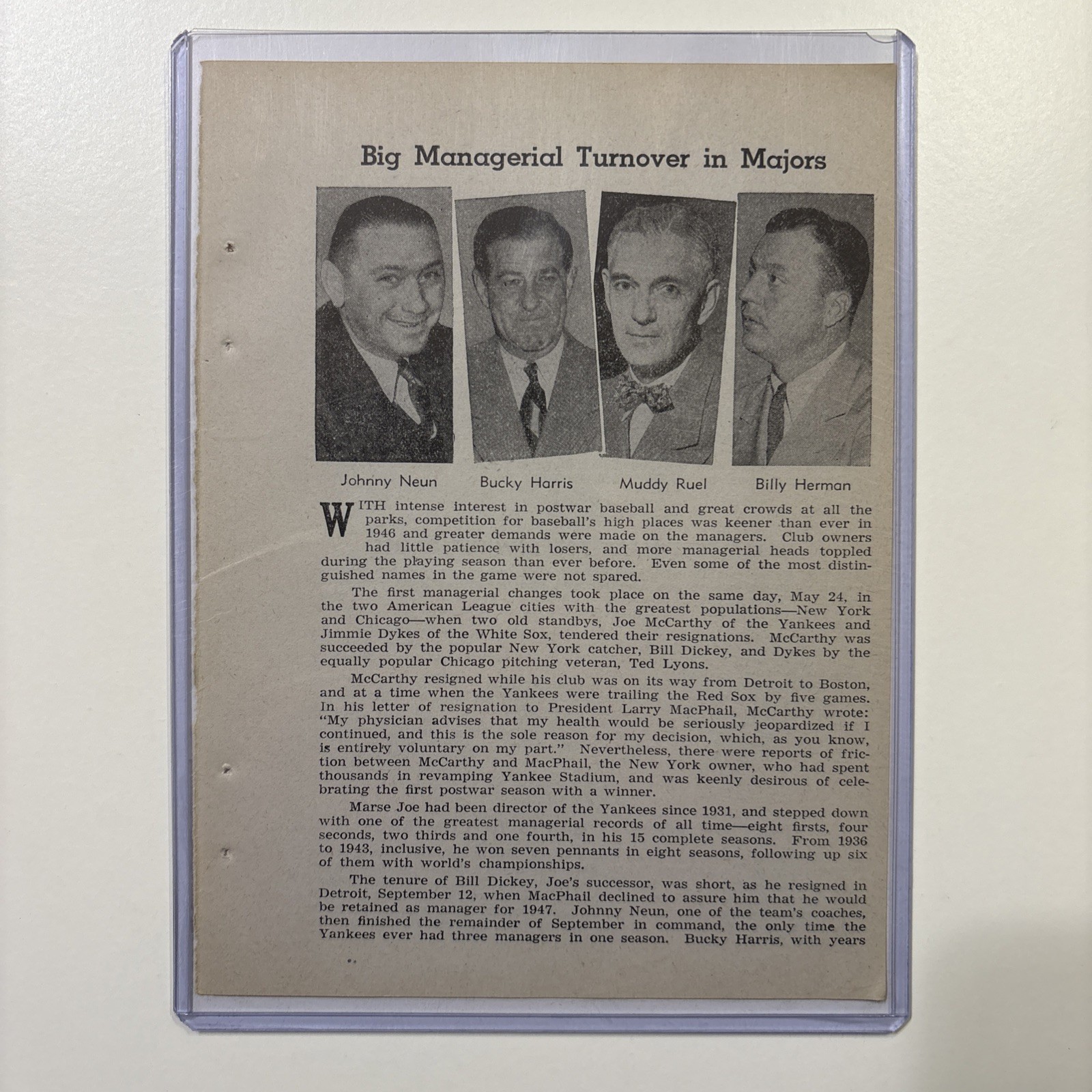 1946 MLB Baseball Managers Picture Johnny Neun/Bucky Harris/Ruel/Billy Herman