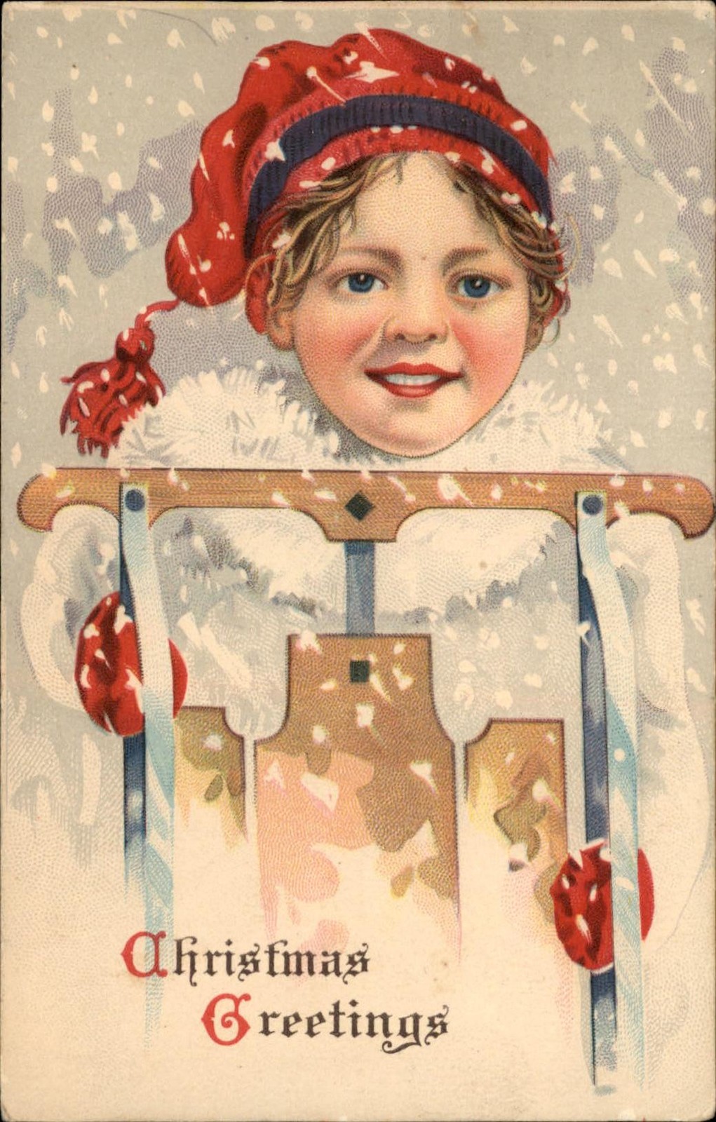 Christmas Child Red Hat Snowy Scene Sled c1900-20s Vintage Postcard Christmas Child Red Hat Snowy Scene Sled c1900-20s Vintage Postcard