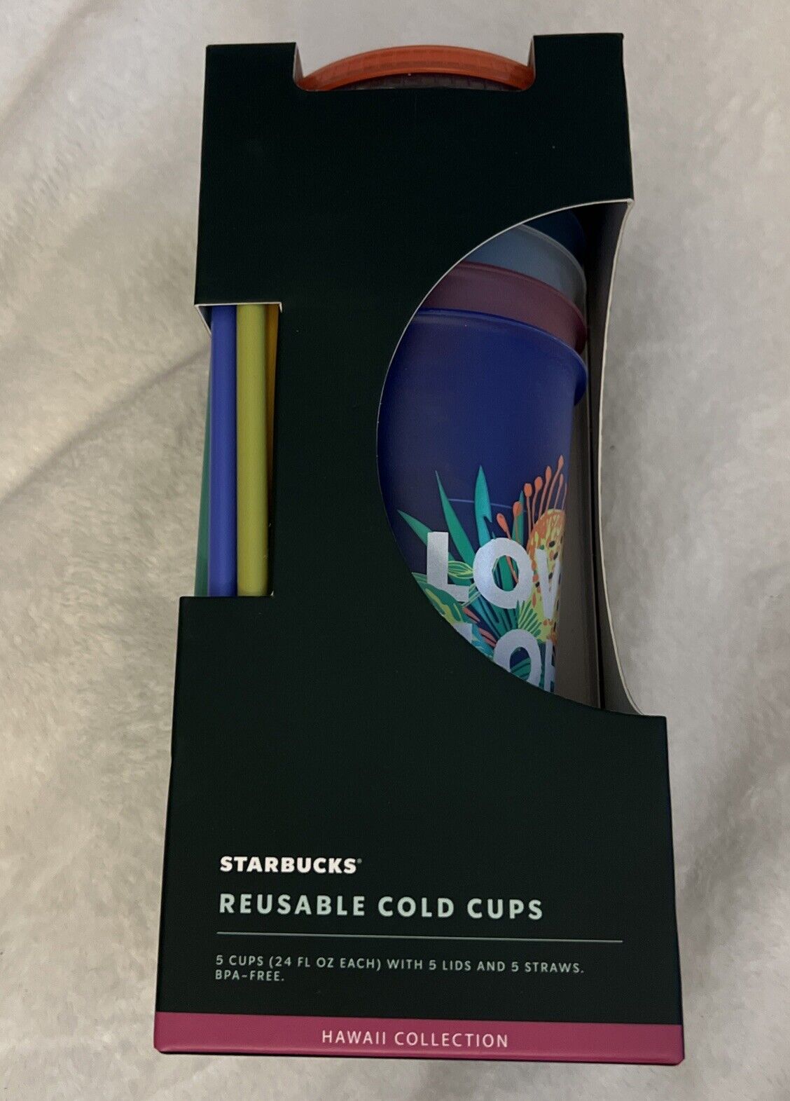STARBUCKS 2020 HAWAii COLLECTiON 24OZ REUSABLE COLD CUPS WiTH STRAWS 5 PACK *NEW