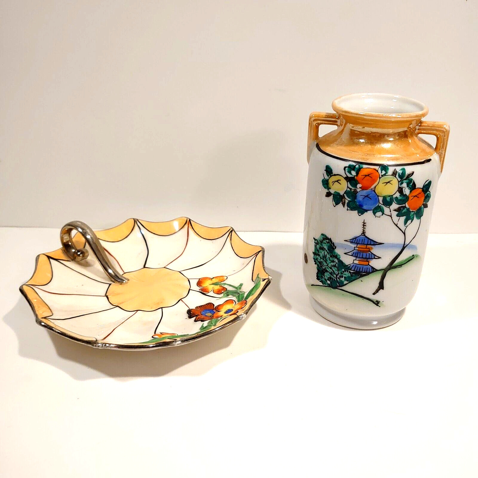 Vintage Japanese Lustreware Lemon Server and Small Vase