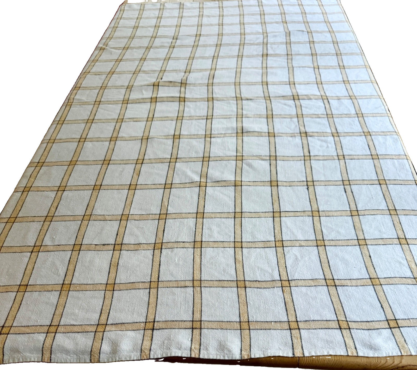 Vintage French White and Yellow Checked Linen Tablecloth  B557
